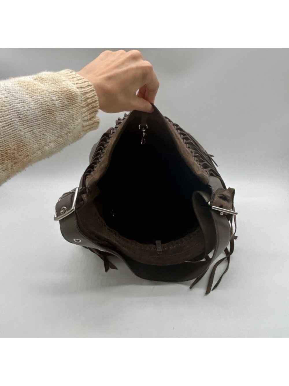 Coach Grey Leather And Suede Fringe Shoulder Bag - Picture 10 of 12